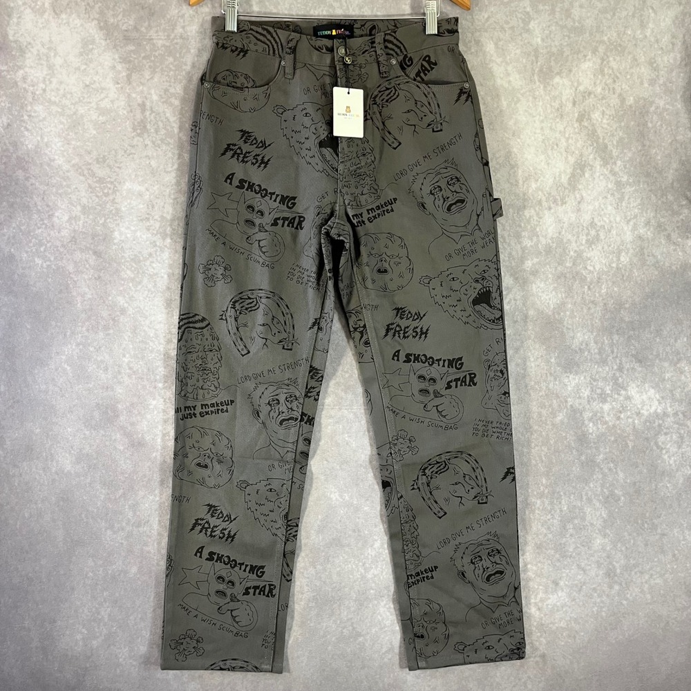 Teddy Fresh Doodle Print Carpenter Pants Mens 28 Grey Black All Over Graphic NEW